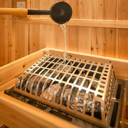 Backyard Discovery Lennon 2-4 Person Traditional Cedar Outdoor Cube Sauna with Porch, Electric Sauna Heater, Sauna Rocks, Dry Heat, Steam Sauna, LED Lights, Wi-Fi Control, Sauna Accessories