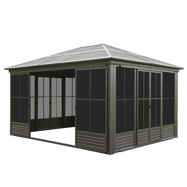 12x14FT Outdoor Sunroom, Galvanized Steel Hardtop Gazebo