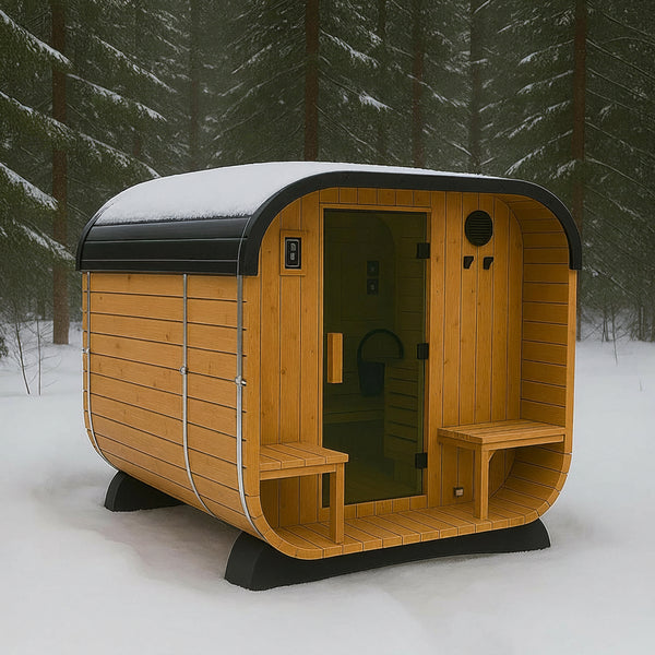 Backyard Discovery Lennon 2-4 Person Traditional Cedar Outdoor Cube Sauna with Porch, Electric Sauna Heater, Sauna Rocks, Dry Heat, Steam Sauna, LED Lights, Wi-Fi Control, Sauna Accessories