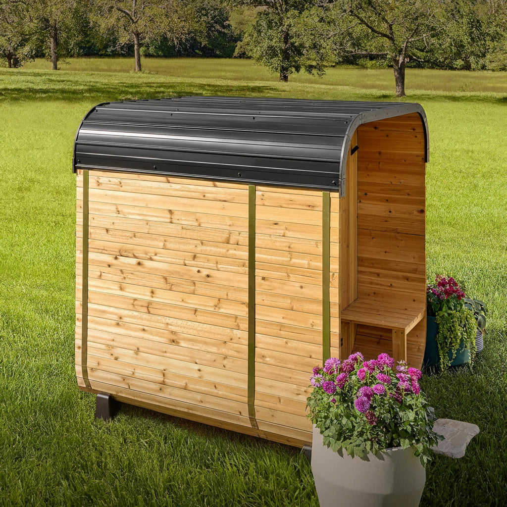 Backyard Discovery Lennon 2-4 Person Traditional Cedar Outdoor Cube Sauna with Porch, Electric Sauna Heater, Sauna Rocks, Dry Heat, Steam Sauna, LED Lights, Wi-Fi Control, Sauna Accessories