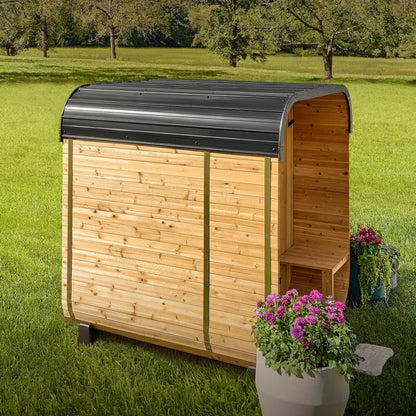 Backyard Discovery Lennon 2-4 Person Traditional Cedar Outdoor Cube Sauna with Porch, Electric Sauna Heater, Sauna Rocks, Dry Heat, Steam Sauna, LED Lights, Wi-Fi Control, Sauna Accessories