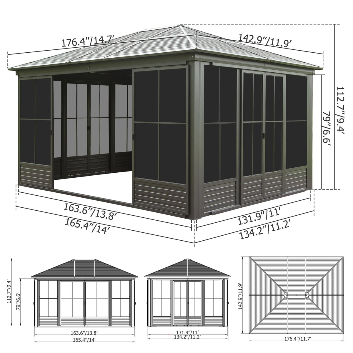 12x14FT Outdoor Sunroom, Galvanized Steel Hardtop Gazebo