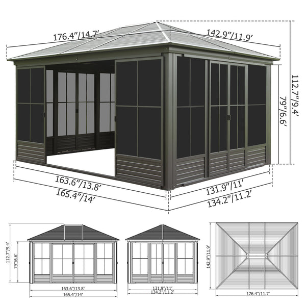 12x14FT Outdoor Sunroom, Galvanized Steel Hardtop Gazebo