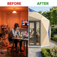 Outdoor Studio Pod Built for Creative Spaces, Weather-Resistant Materials, Contemporary Design, Multi-Use — Before & After