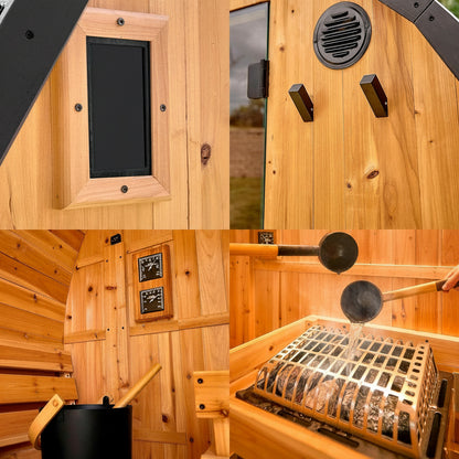 Backyard Discovery Lennon 2-4 Person Traditional Cedar Outdoor Cube Sauna with Porch, Electric Sauna Heater, Sauna Rocks, Dry Heat, Steam Sauna, LED Lights, Wi-Fi Control, Sauna Accessories